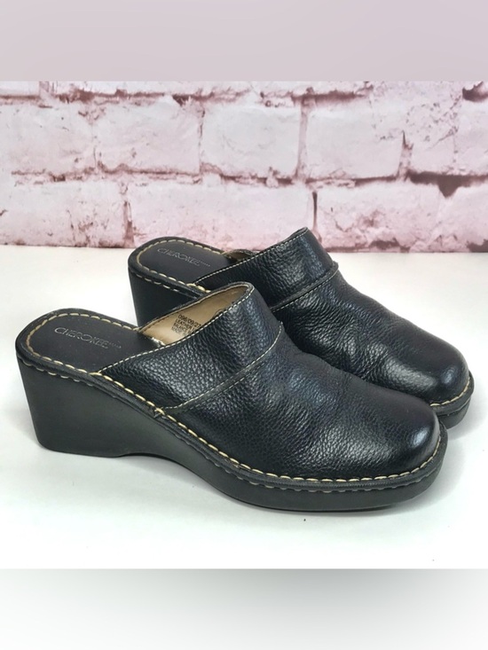 Cherokee Shoes - CHEROKEE Genuine Leather Size 9.5 Black Chunky Wedge Block Heel Clog Mules